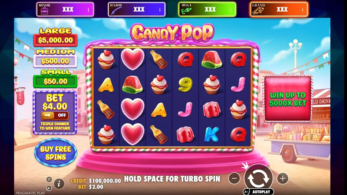 Tampilan visual slot Candy Pop yang penuh warna dan permen