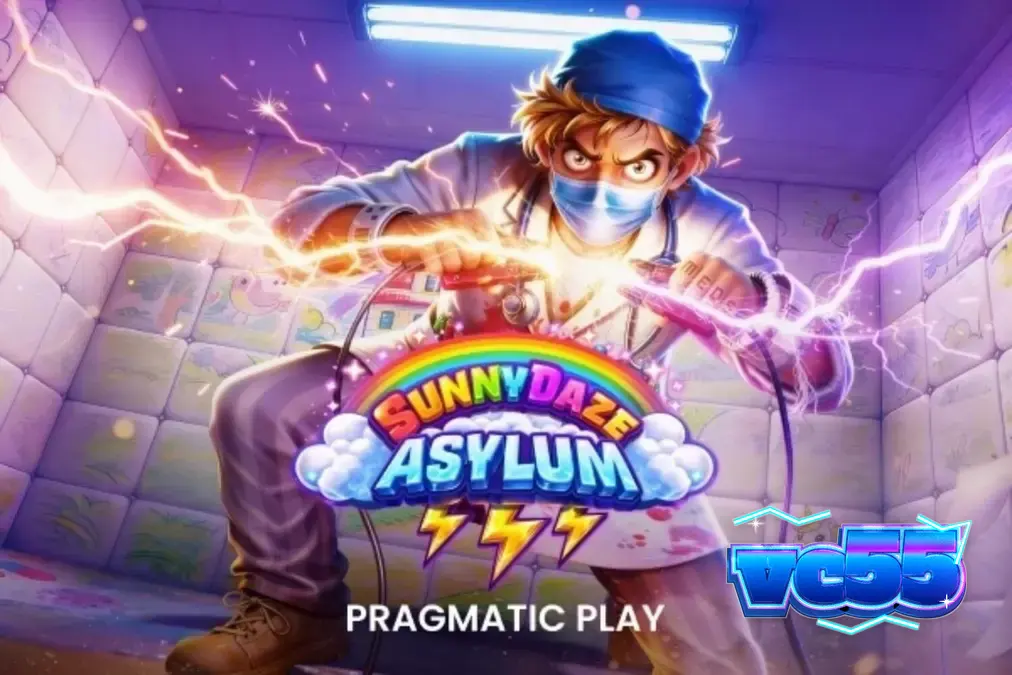 Tampilan visual neon dan simbol unik di dalam permainan slot Sunnydaze Asylum